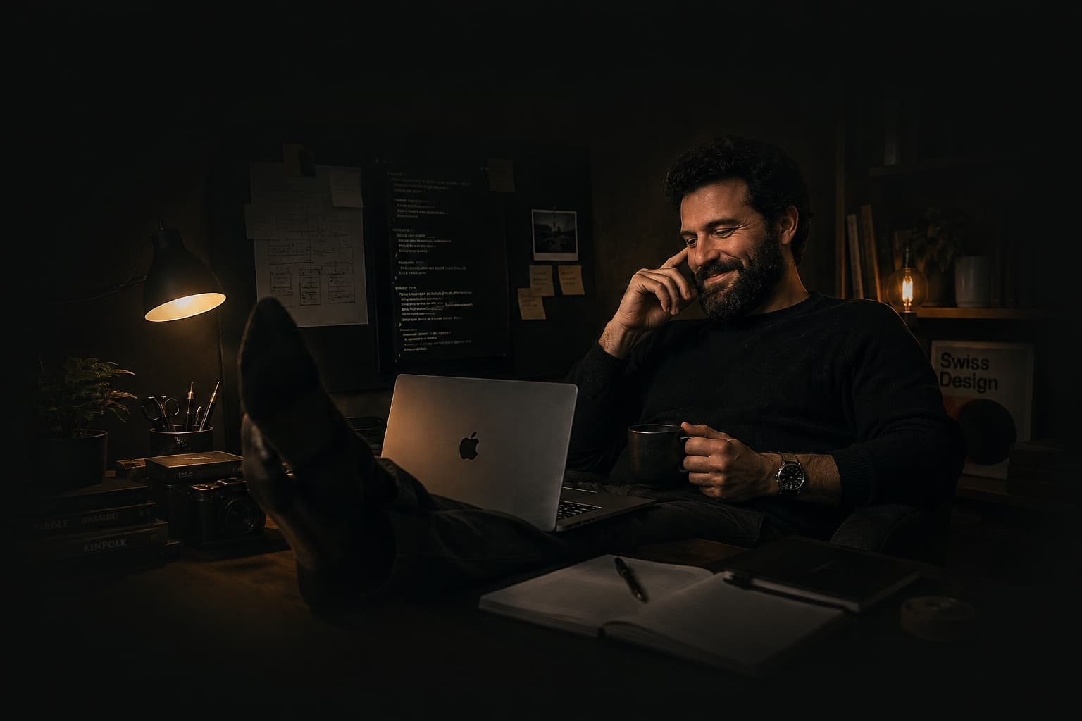A developer sits back with their feet up and a coffee, laptop on their lap, in a dark home office.